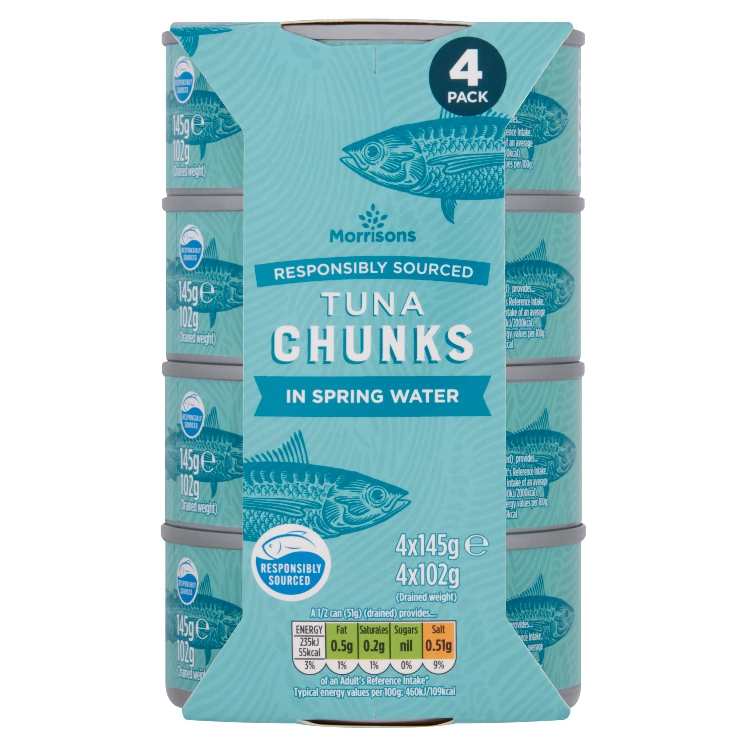 Morrisons Fad Free Tuna Chunks in Spring Water 4 x 145g